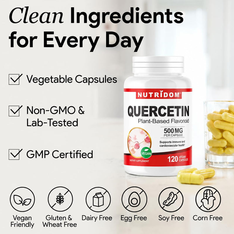 Nutridom Quercetin 500mg - Quercetin Dihydrate from Sophora Japonica Extract - Plant-Based Bioflavonoid for Immune and Cardiovascular Support - Non-GMO, Vegan, Gluten Free - 120 Vegetable Capsules