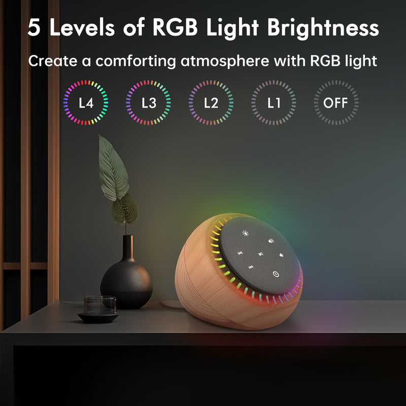 DreamSky Sound Machine for Sleep, White Noise for Sleeping Adults & Baby, Brown Noise Fan for Office Privacy & Noise Canceling, 26 Sounds & RGB Light, USB-C Powered for Home Travel, Wood Grain Small