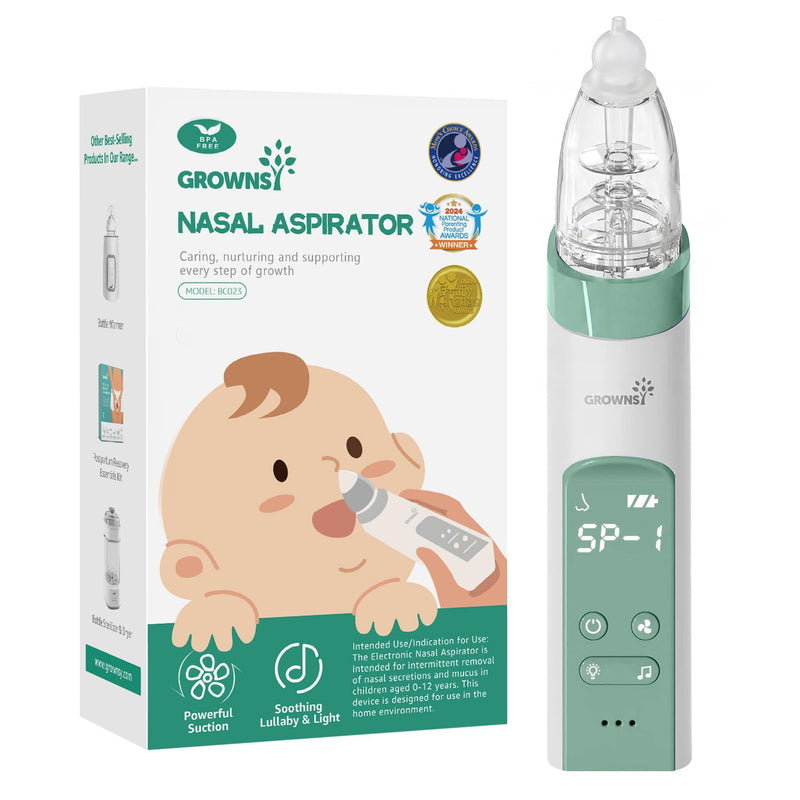 GROWNSY Nasal Aspirator for Baby, Electric Nose Aspirator for Toddler, Baby Nose Sucker, Automatic Nose Cleaner with 3 Silicone Tips, Adjustable Suctions, Music and Light Soothing Function (Green) Green