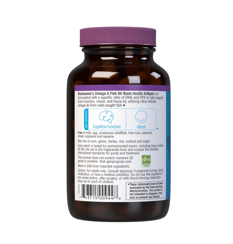 Bluebonnet Nutrition Omega-3 Brain Formula Natural Wild Caught Triglyceride Form DHA 860 mg EPA 120 mg - Highly Concentrated Cognitive Health & Wellness Support Supplement - Gluten-Free - 60 Softgels | Brain Health; Gluten-Free, Soy-Free, Dairy-Free