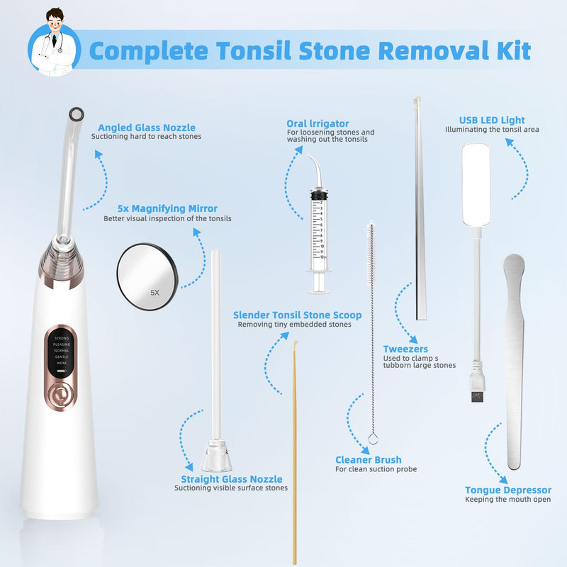 Voraiya Electronic Tonsil Stone Remover Vacuum, 5 Modes Instant Suction Cleaner Tool, 10 in 1 Tonsil Stone Removal Kit, Easy to Use, Fight Bad Breath White - BeesActive Australia