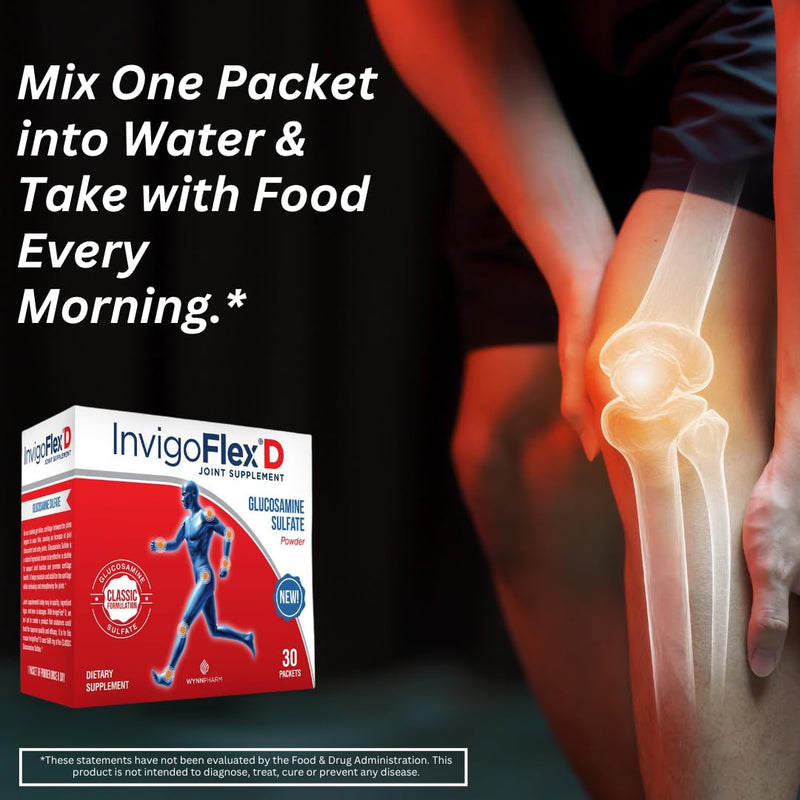 INVIGOFLEX 1500mg of Glucosamine Sulfate Powder (Classic Formulation) - Premium Joint Supplement for Knees, Hands, Back, and Hip Support D: Glucosamine Sulfate, Packets - 60 Packets 1.88 Pound (Pack of 2)