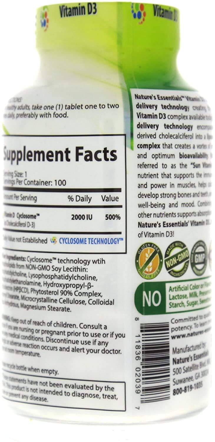 NATURE'S ESSENTIALS Vitamin D3 2000 IU, 100 Tablets | Supports Bone Health, Promotes Muscle Function, Advanced Cyclosome Delivery, Vegetarian