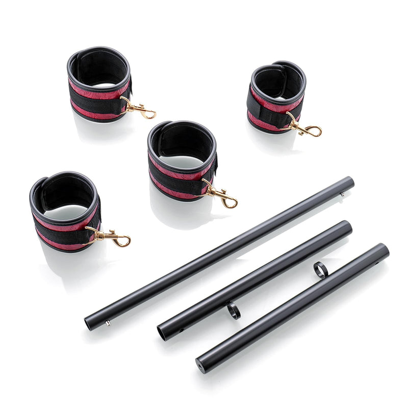 Heavy Duty Stainless Steel Expandable Spreader Bar with 4pcs Furry Purple Detachable Adjustable Straps,Workout Bar for Home Indoor Gym Training Kit Black+PU Red Embossed Kit