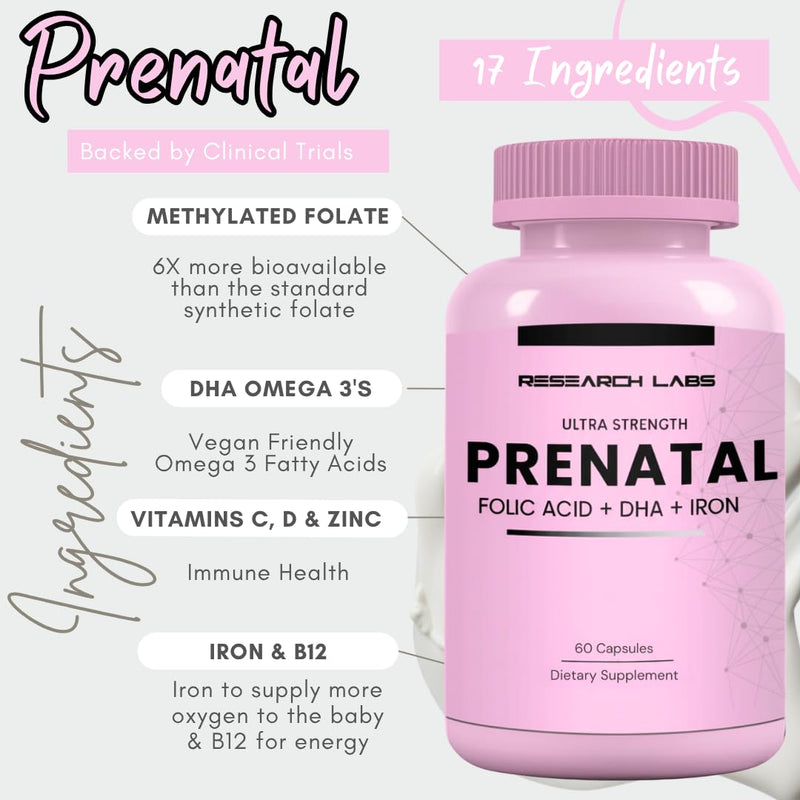 Research Labs Prenatal Vitamins for Women 2 Fer 1 Ad: 6X More Bioavailable Methylated Folate Folic Acid MTHF 5 | Supports Brain Development, Healthy Growth 60 Count (Pack of 2)