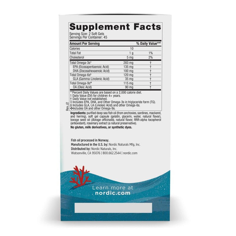 Nordic Naturals Complete Omega Jr. Kids Fish Oil, Lemon - 90 Mini Soft Gels | 283mg Omega-3s & 35mg GLA. Supports healthy cognition & nervous system function. Non-GMO. Lemon flavor. 45 servings. 90 Count (Pack of 1) Standard Packaging