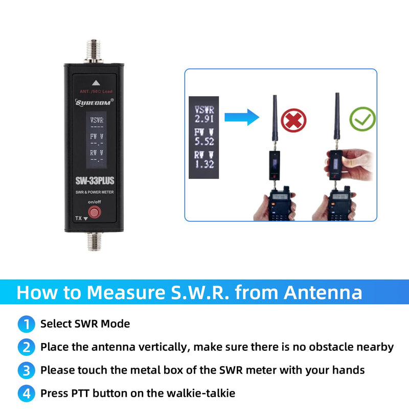 Mcbazel Surecom SW-33 Plus 100W 125-525 MHz Mini Digital VHF UHF Two-Way Radio Handheld Power & SWR Meter Black