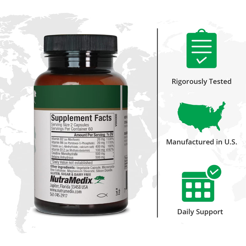 NutraMedix Methyl Complete - Complete Methylation & Energy Support Capsules - Vitamin B2, B6, B12 & Folate - with Creatine Monohydrate & Betaine Anhydrous (120 Count)