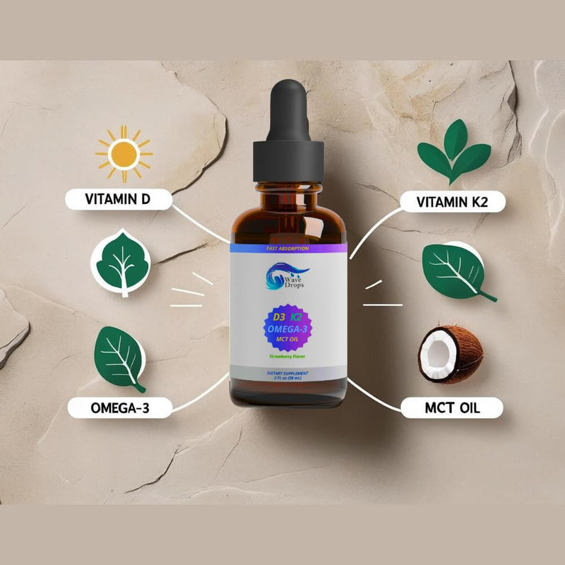 Vitamin D3 & K2 with MCT Oil & Omega 3: Liquid Drops, No Fillers, Non-GMO, 2 Fl Oz
