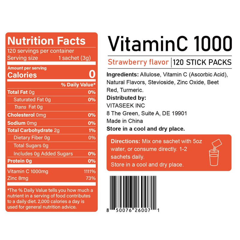 Vitamin C 1000mg Powder Packets Sugar Free Drink Mix Individual Serving Sticks Strawberry Flavors On The Go Immune Support for Adults 120 Count 120 sticks