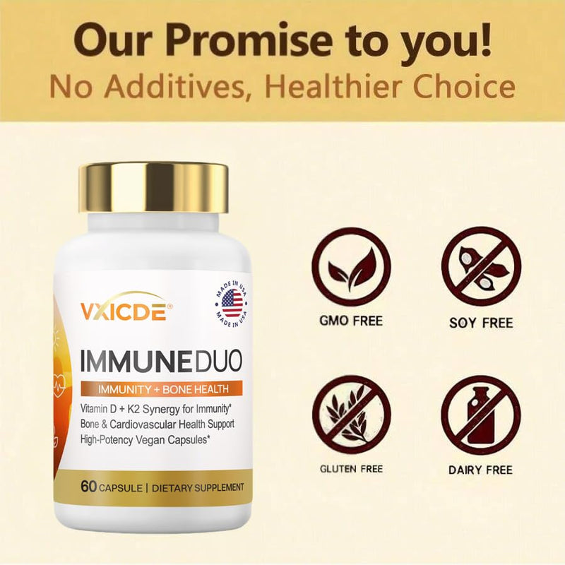 Vitamin K2 with D3 Supplement Non-GMO Formula 125 mcg Vitamin D3 & 100 mcg K2 (MK-7) Easy to Swallow D & K Complex, 60 Capsules