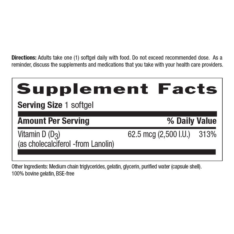 Country Life Vitamin D3 2500 IU, Non-Fish Source, 60 Softgels | Supports calcium absorption and helps maintain healthy bones, teeth and immune function with one convenient daily serving.