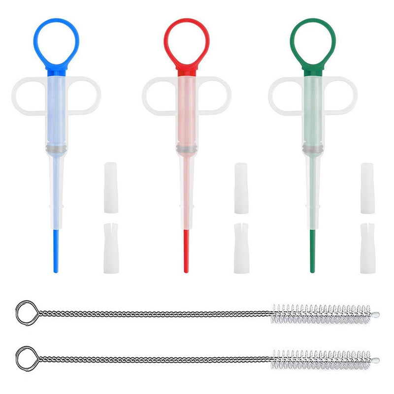 3 Pet Medicine Feeders And 2 Cleaning Brushes, Cat And Dog Feeders, Pet Care Tools, Suitable For Pet Care (Red, Blue, Green).