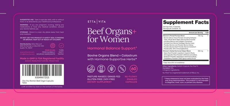 Primal Beef Organ Supplement for Women with Grass-Fed Ovary, Uterus & Liver | Bovine organ blend with kidney, heart, bone matrix, maca, ashwagandha, shatavari - energy support & hormone balance for women