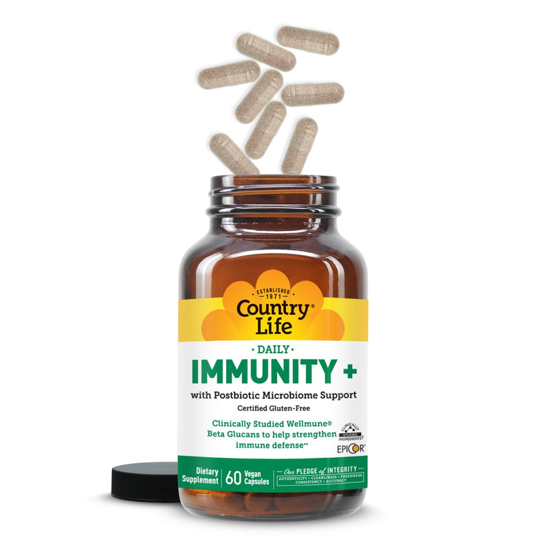 Country Life Immunity+ with Wellmune and EpiCor, 60 Vegan Capsules | Clinically studied Wellmune beta glucans with EpiCor postbiotic, vitamin C, vitamin D and zinc for immune and gut support