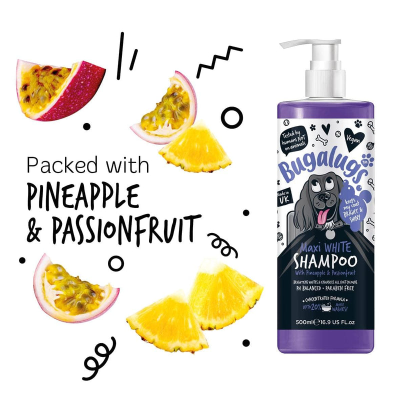 BUGALUGS dog shampoo Maxi White brightening dog shampoo with balanced pH value vegan all coat types 500 ml - BeesActive Australia