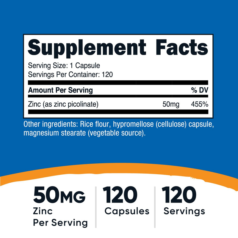 Nutricost Zinc Picolinate 50mg, 120 Vegetarian Capsules, Gluten-Free | GMO-Free 120 Count (Pack of 1)