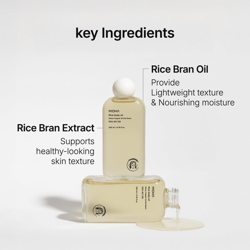 MIDHA RICE BODY OIL, 6.76fl.oz/200ml,Vitamin E–Rich Oil for Radiant Skin, Lightweight Body Oil for Dry Skin Relief, Nourishing & Hydrating, Fast-Absorbing, Korean Skin Care