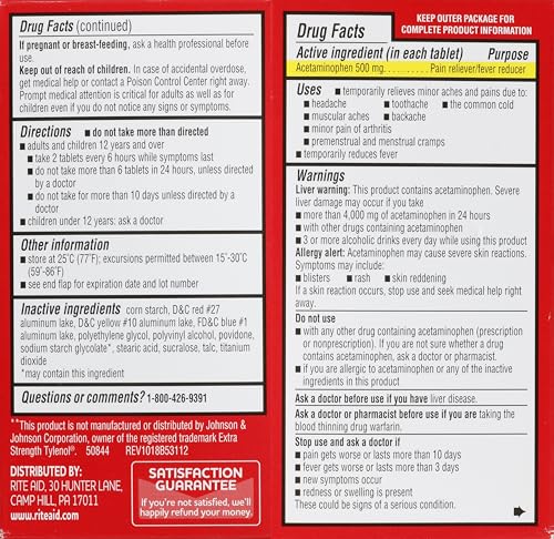 Rite Aid Extra Strength Acetaminophen Easy Tabs Tablets, 500 mg - 100 Count | Pain Reliever & Fever Reducer | Migraine Relief Products | Joint Pain Relief | Muscle Pain Relief | Menstrual Pain Relief