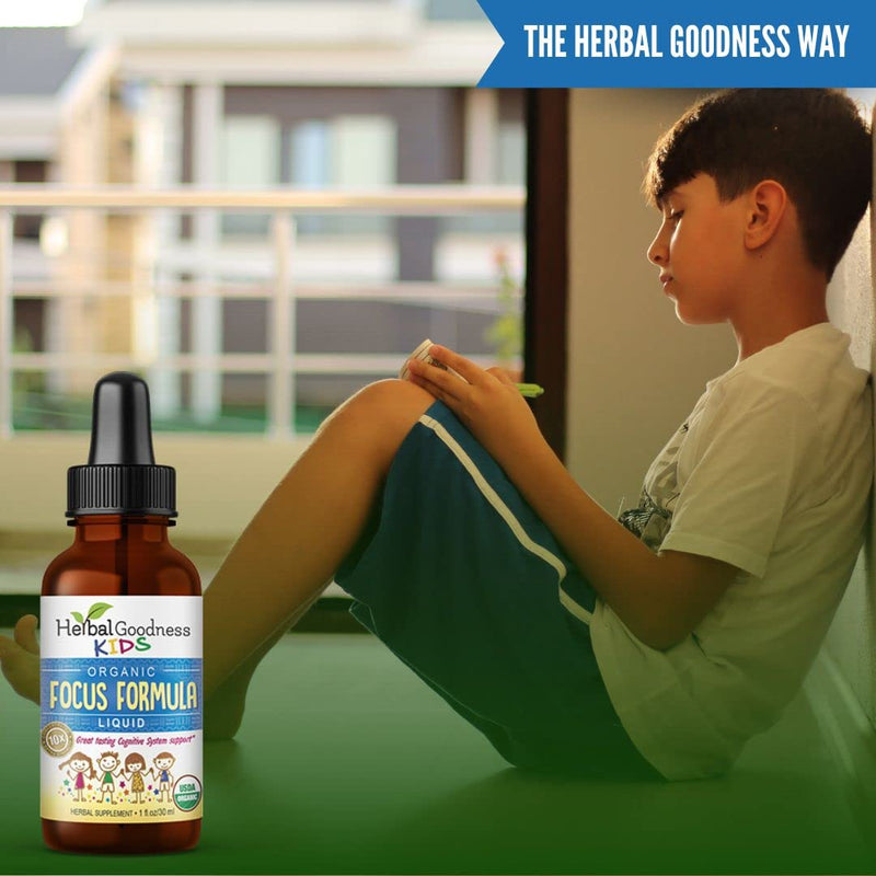 Herbal Goodness Kids Focus and Attention Supplements 1oz, Ashwagandha | Moringa, Herbal Blends, Cognitive Support, Non-GMO Liquid Vitamins for Concentration, Mood & Brain Health, Made in USA