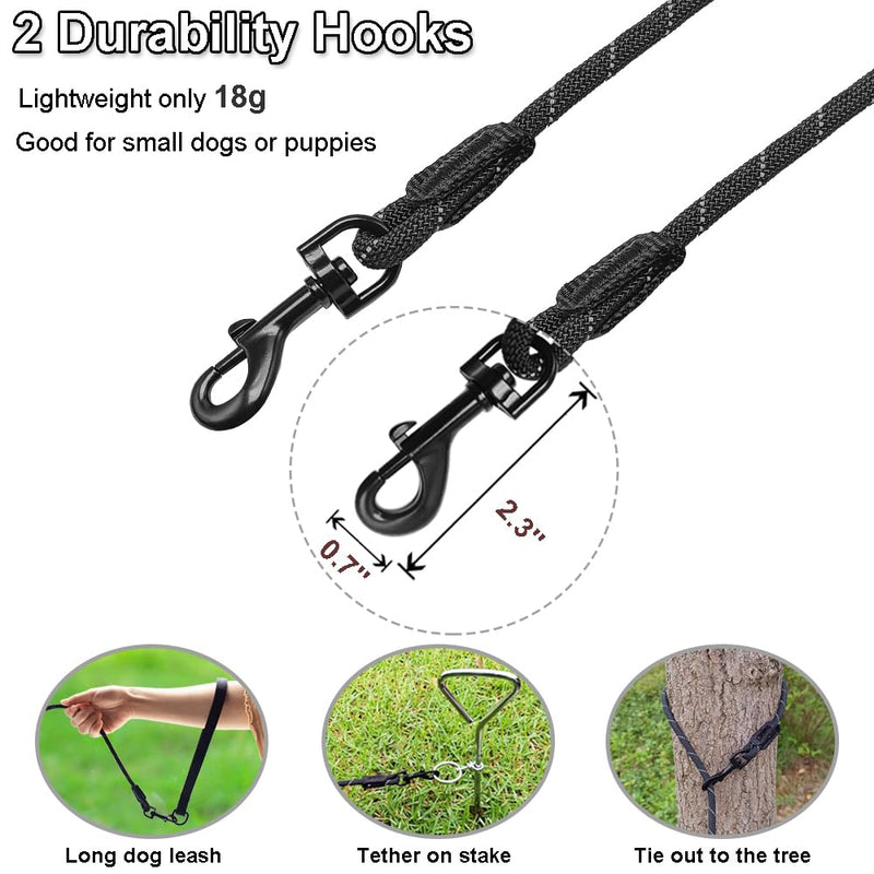 Long Leash for Small Dogs, 8FT/12FT/20FT/30FT/50FT/65FT/75FT/100FT Reflective Rope Training Lead Removable Padded Handle, Double Snaps Dog Tether for Outside Playing Camping Running Backyard 12FT Black - BeesActive Australia