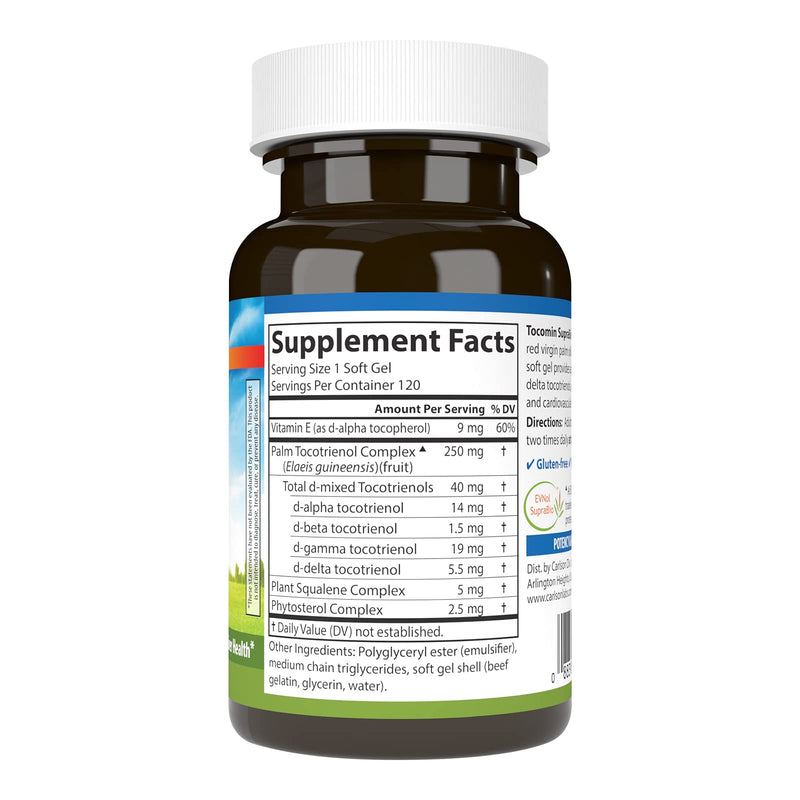 Carlson Tocomin SupraBio, Non-GMO Tocotrienols, Alpha, 120 Softgels | Full Spectrum Tocotrienol Complex; Beta; Gamma; Delta
