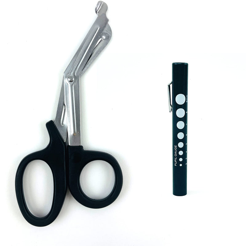 Diagnostics Kit - Percussion Taylor Reflex Hammer + C 128 & C 512 Tuning Forks + Bandage Scissors + Pupil Gauge Pen Light + Buck Hammer + Pin Wheel in Carrying Case - 8 Pieces Set - Full Black Full Black 8 Pcs