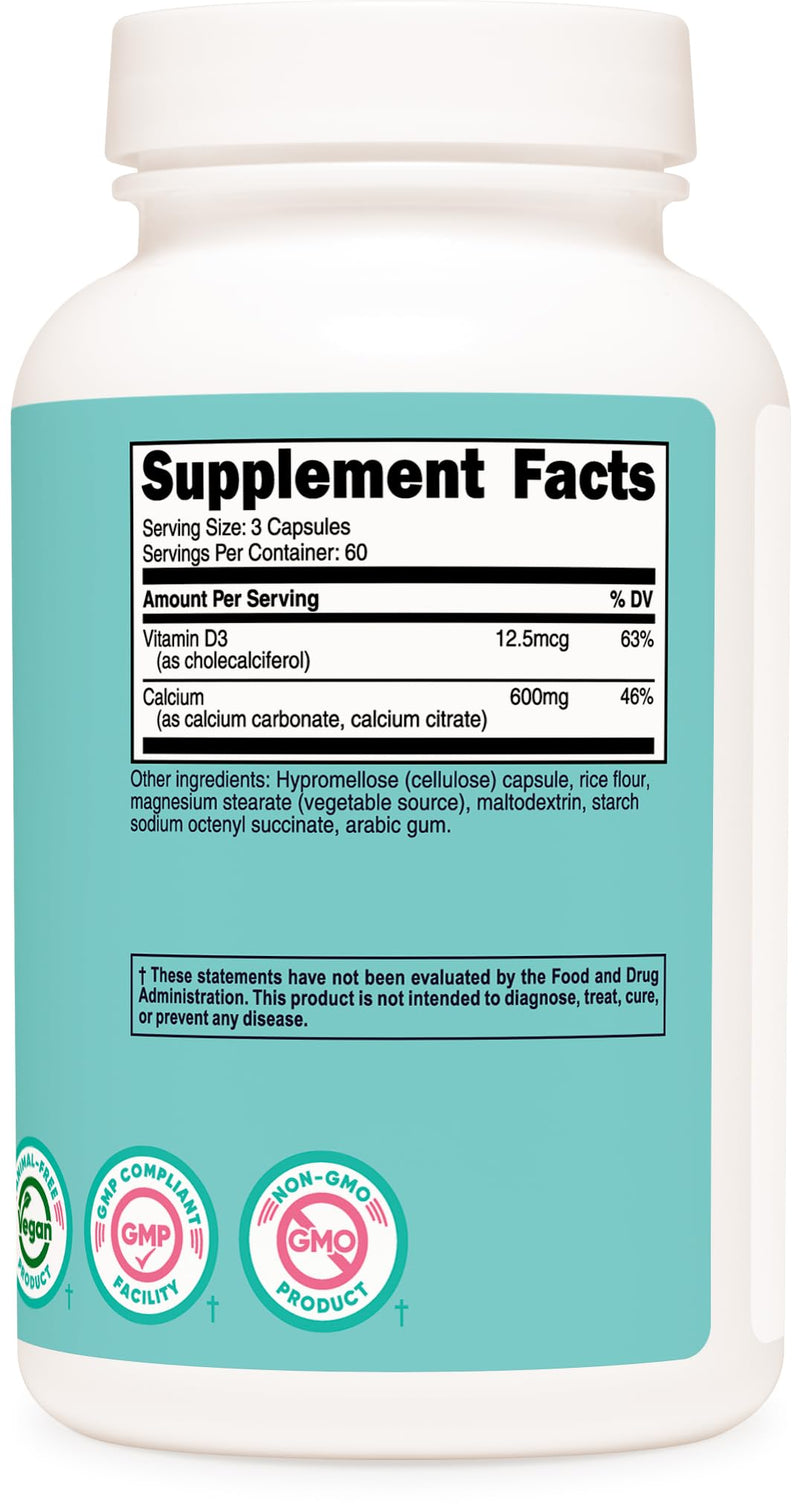 Nutricost Calcium (600mg) + Vitamin D3 (12.5mcg) for Women, 180 Capsules | Vegan, GMO-Free, Gluten-Free, 60 Servings