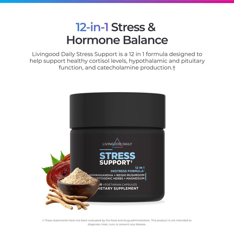 Livingood Daily Stress Support Supplement with Ashwagandha, 60 Capsules | 12-in-1 Calming Vitamins for Healthy Cortisol Levels, Adaptogenic Herbs, Reishi Mushroom, Vitamin B6, Magnesium, Made in USA