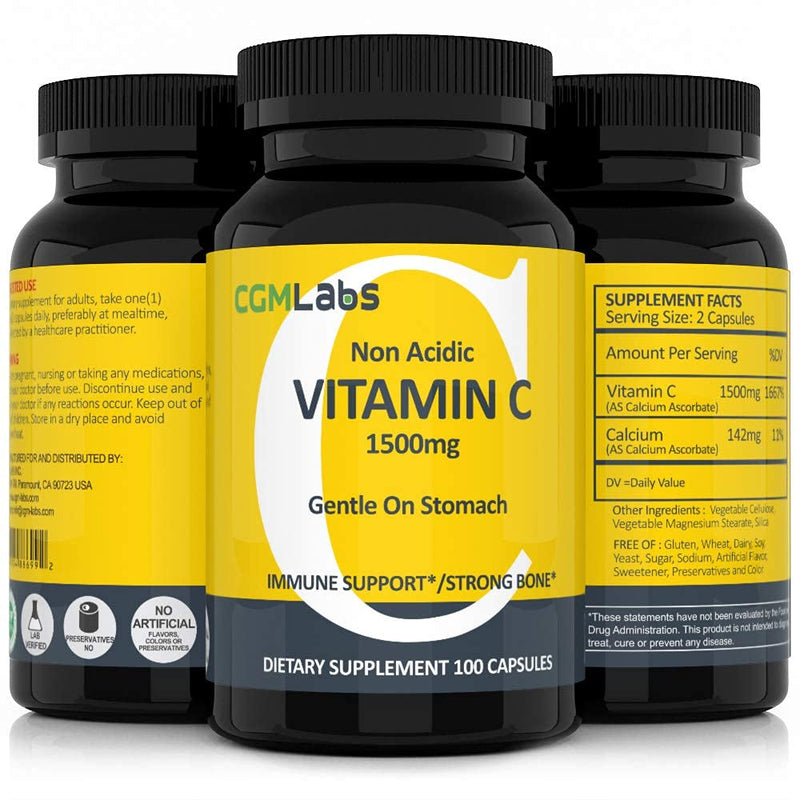Non Acidic Vitamin C Dietary Supplement 1500mg with Calcium. Gentle on Stomach, Immune/Bone Support- 100 Caps by CGM Labs 1 Count (Pack of 100)