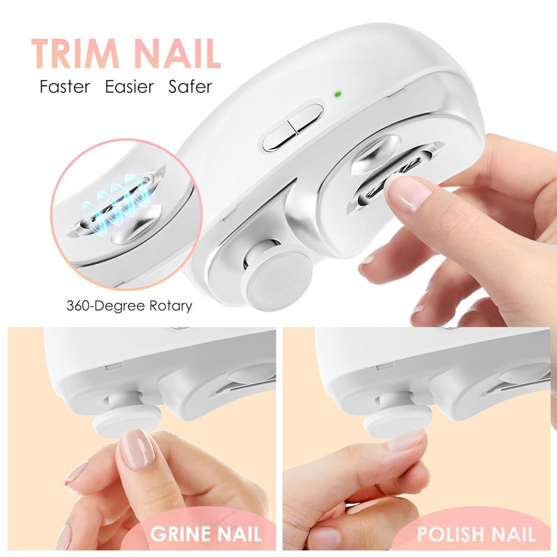 Electric Nail Clippers Upgraded 3 in 1 Automatic - with Polishing, Dust Storage & LED Light, Nail File Toenail Trimmer, Safe for Seniors, Adults, Kids & Baby, Gifts for Women Men Mom Baby Adult Senior Light-white