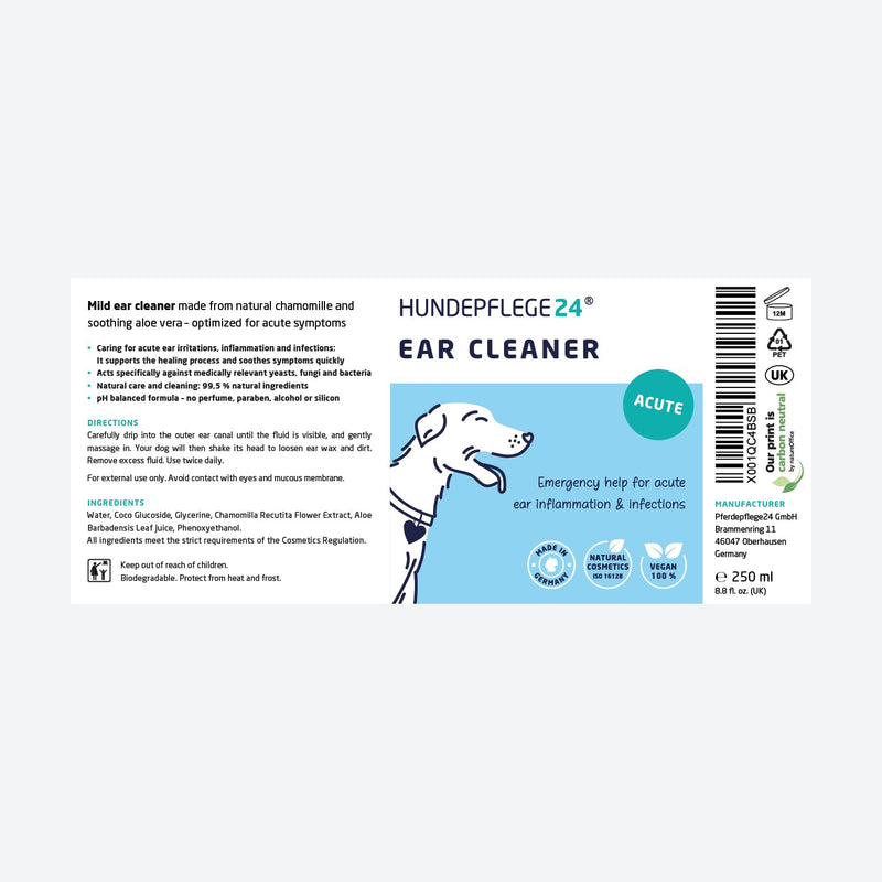 Dog Ear Cleaner Solution acute - Extra Strong Ear Cleaner for Dogs & Cats with Inflammation & Infections - Natural Dog Ear Drops with Piroctone Olamine, Chamomile & Aloe Vera 250ml "Acute" Extra Strong