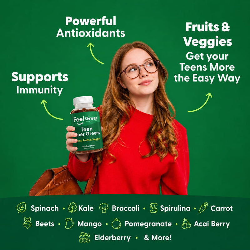 Feel Great Super Green Gummies Teen Vitamins | Vegan Veggie Gummy Multivitamin for Teens | Fruit and Vegetable Supplement | Veggie Fiber Supplement | 60 Count