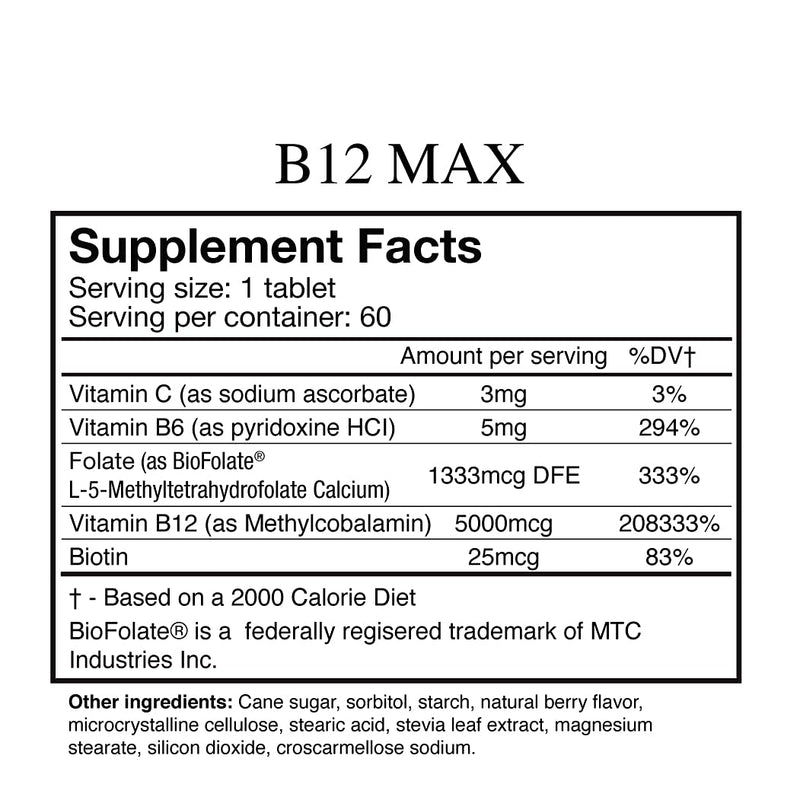 Wellgenix Bio-Available Sublingual B12 B6 Folate Vitamin Formulated for High Absorption - Nutritional Multivitamin Supplement (60 ct) 1 Pack 60 Count (Pack of 1)