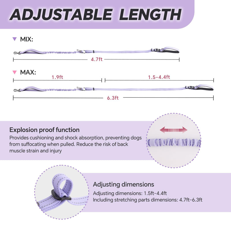 Hands Free Dog Leash, Adjustable Heavy Duty Bungee Waist Leash Belt for Medium Large Dogs Walking Running Hiking with Reflective(Purple) Purple - BeesActive Australia