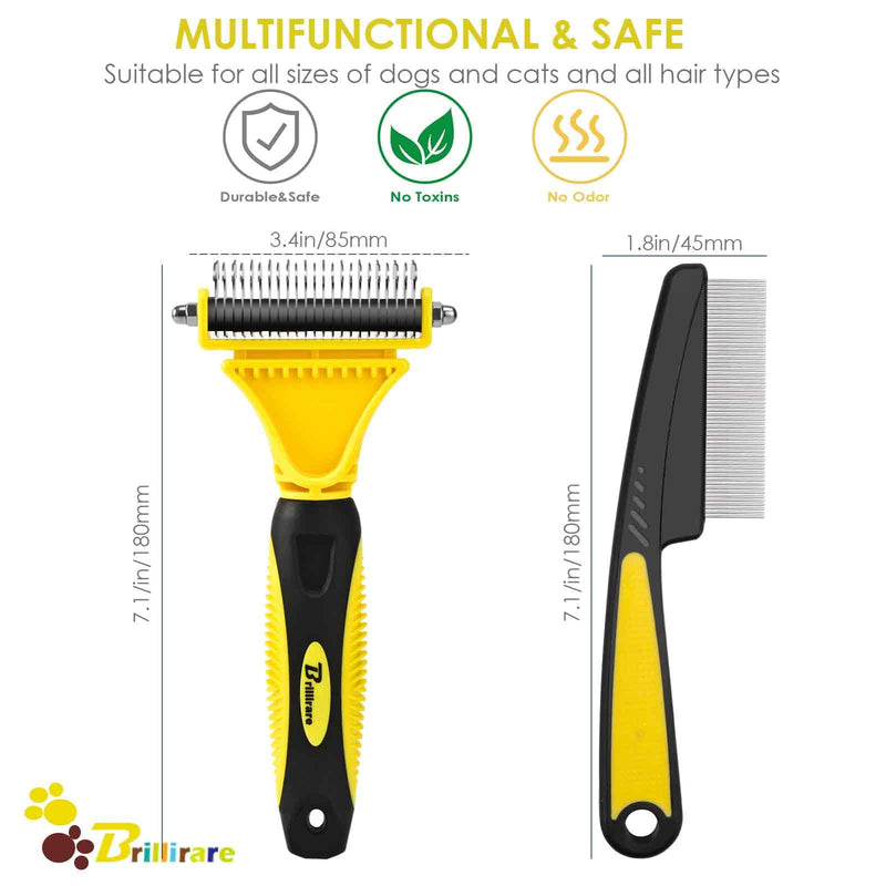 Brillirare Pack of 2 pet grooming rakes, 2-sided detangling undercoat brush, stainless steel comb, dog brush, cat brush, undercoat comb, removes tangles, massage effect & top hair protection, fur brush - BeesActive Australia