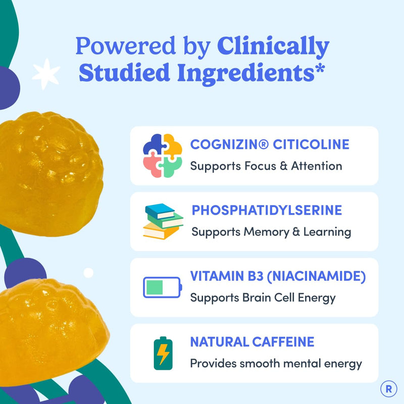 FIRST DAY Focus Gummies for Men, Caffeine Gummies, Citicoline, 60 Ct | Brain gummies for memory and focus with Cognizin® citicoline, phosphatidylserine, vitamin B3, and gentle caffeine support.