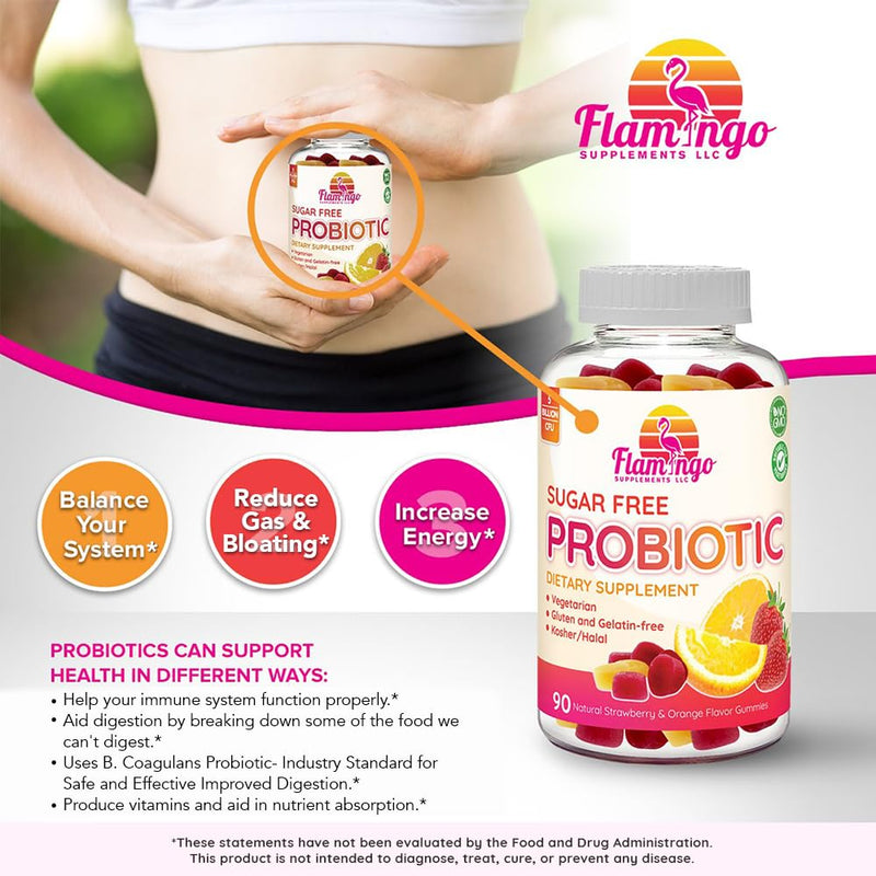Flamingo Supplements Sugar-Free Probiotic Gummies (3 Billion CFU) – Kosher, Halal & Vegan – Digestive Support for Women, Men & Kids – 90 Count