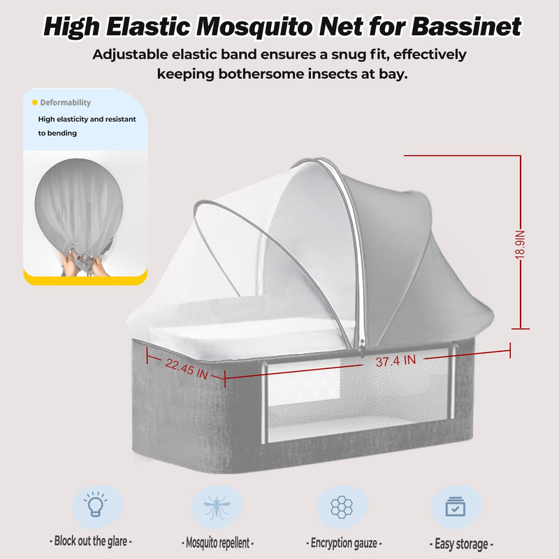 Bassinet Cover for Baby, Blockout Mosquito Net Cover with 2-Way Zipper, Portable Bassinet Canopy Cover for Cats to Keep Pet Out, Bug Net Cover for Bedside Sleeper Gray