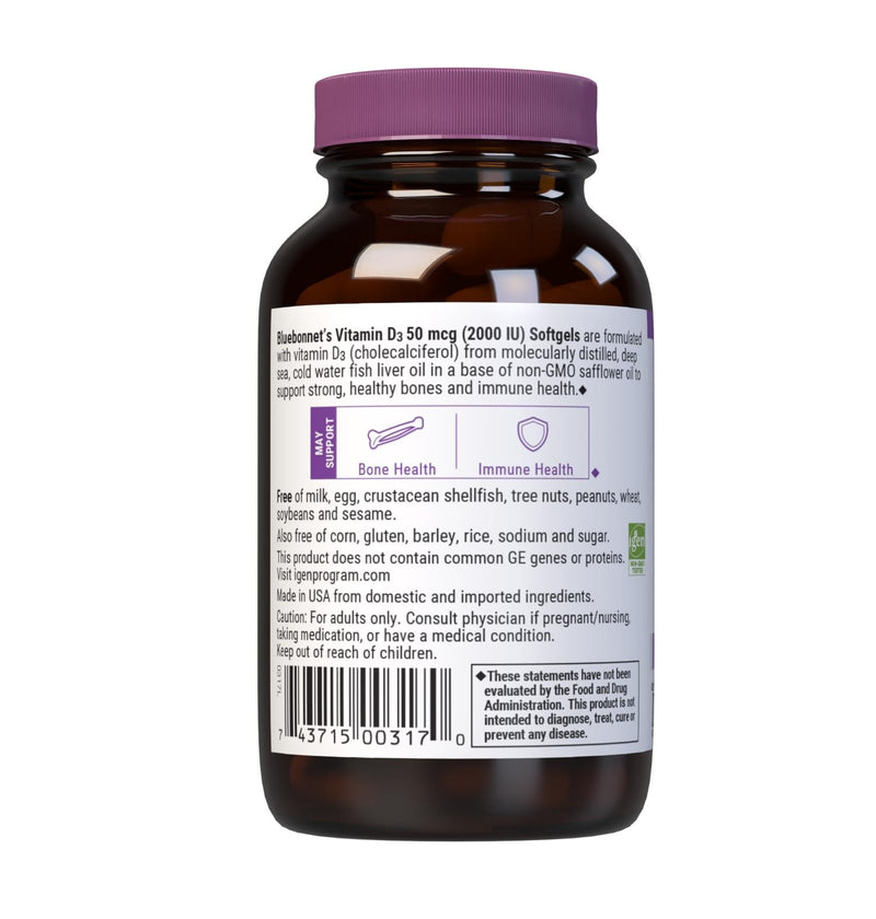 BlueBonnet Nutrition Vitamin D3 2000 IU, 100 Vegetable Capsules | Third-party tested for purity and potency; manufactured in the USA 100 Count (Pack of 2)