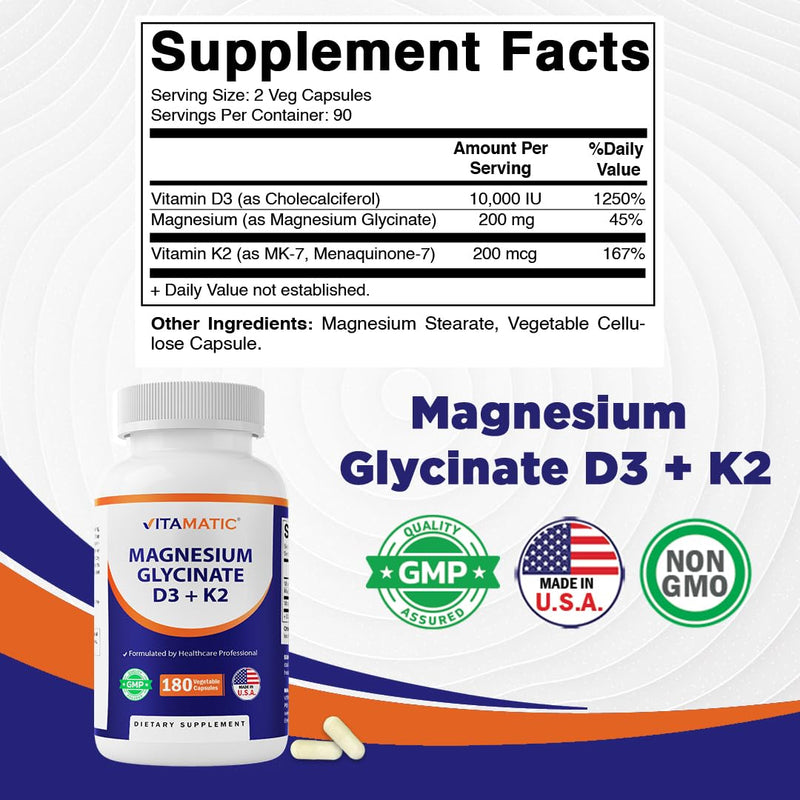 Vitamatic Magnesium Glycinate 200 mg (Elemental) with Vitamin D3 5000 IU & K2 200 mcg – High Absorption Bone, Muscle & Heart Support – 180 Veg Capsules – Non-GMO – Made in USA