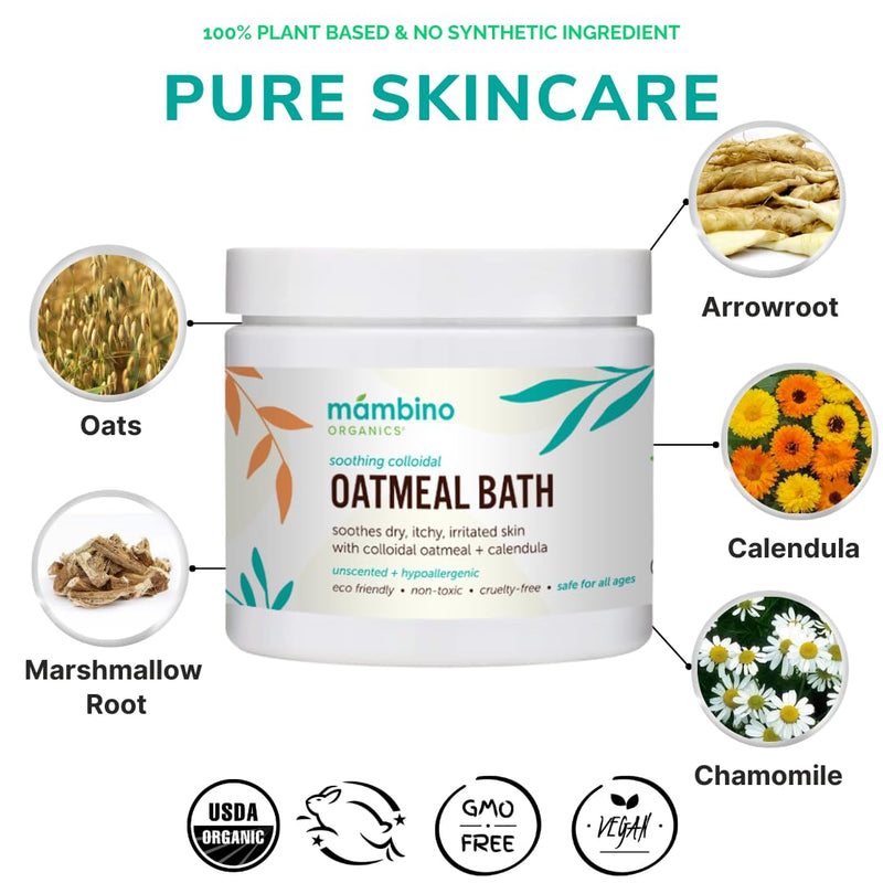 Organic Colloidal Oatmeal Bath Soak – 6oz 2-Pack of Oatmeal Powder for Dry, Irritated, Itchy Skin Relief – Cruelty-Free & Organic Bath Products for Adults Bath, Baby & Kids Bath by Mambino Organics 12 Ounce (Pack of 1) - BeesActive Australia