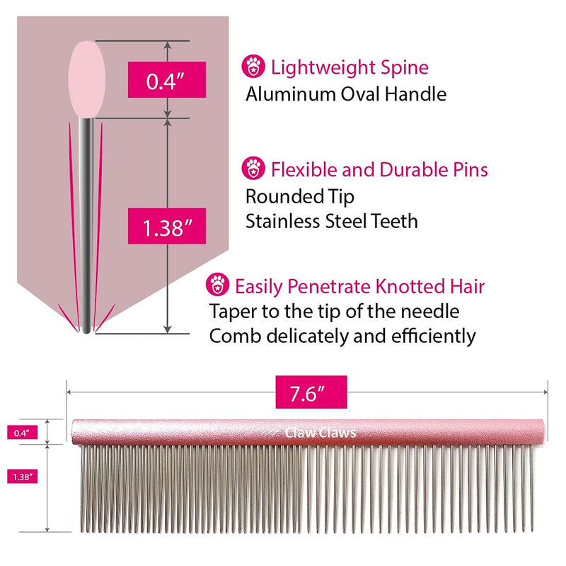 Greyhound Grooming Pink Comb for Dogs and Cats, Removing and Shedding Matted, Tangled Hair, Metal Oval Handle with Stainless Steel Pins, Detangling Tool, Pet Comb (50% Narrow Spacing-Pink) Pink-50% fine pins Small - BeesActive Australia