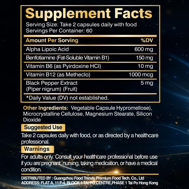 Battony Alpha Lipoic Acid 600 mg with Benfotiamine, Vitamin B6 & B12, Non-GMO, Gluten Free, Vegan Friendly Lab Tested, ALA Supplement 120 Capsules,2 Month Supply