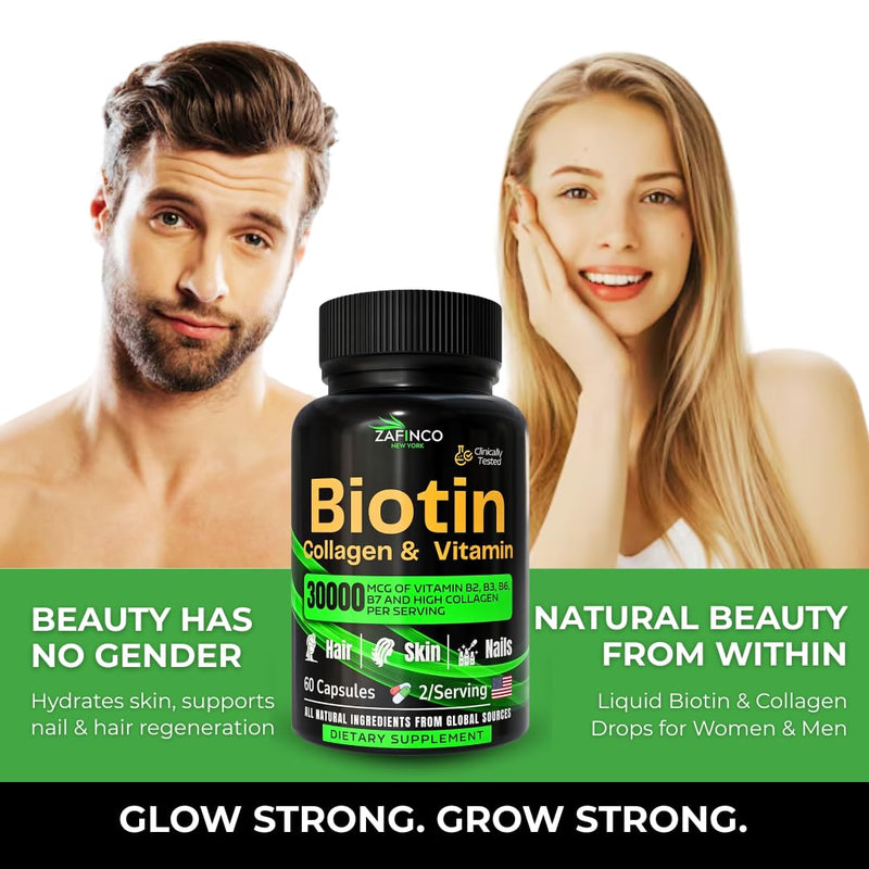 ZAFiNCO- BIOTIN Capsule for Women and Men. 30000 mcg Biotin+Collagen, Hyaluronic Acid and Multivitamin Formula for Anti Aging,Glowing Skin, Long Hair and Nails. 60 Capsule-USA