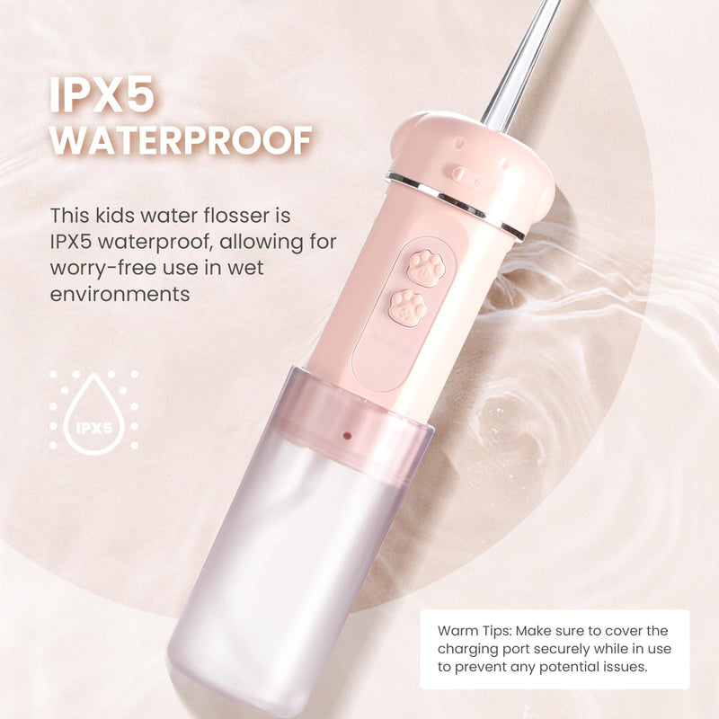 Kids Water Dental Flosser, Portable Water Flosser for Teeth 150ML Rechargeable Oral Irrigator with 3 Modes & 4 Nozzles, IPX5 Waterproof for Home and Travel Pink