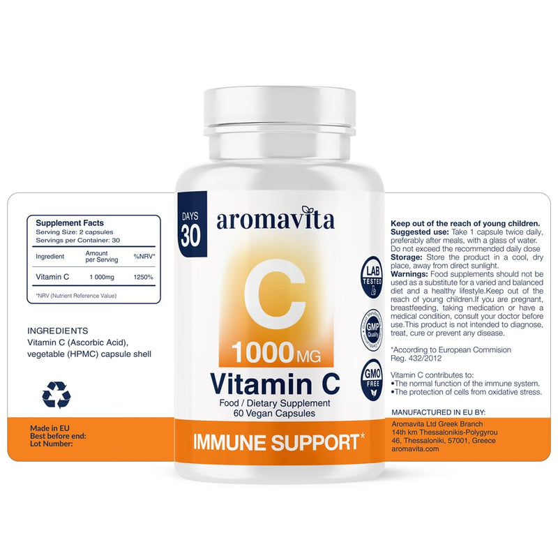 Vitamin C 1000 mg High-Potency Supplement, 60 Vegan Capsules, Lab Tested | Non-GMO Vitamin C, Vegan Capsules for Convenient Everyday Antioxidant Support, made in an EU GMP-certified facility