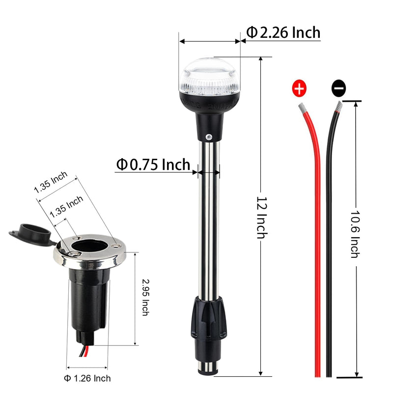 Anchor Light Boat Stern Light LED Marine Navigation Lights USCG 2 NM All Round White Stainless Steel 2 Pin Detachable Plug in 12 Volts (Flush Mount Base, 12 Inches) Flush Mount Base