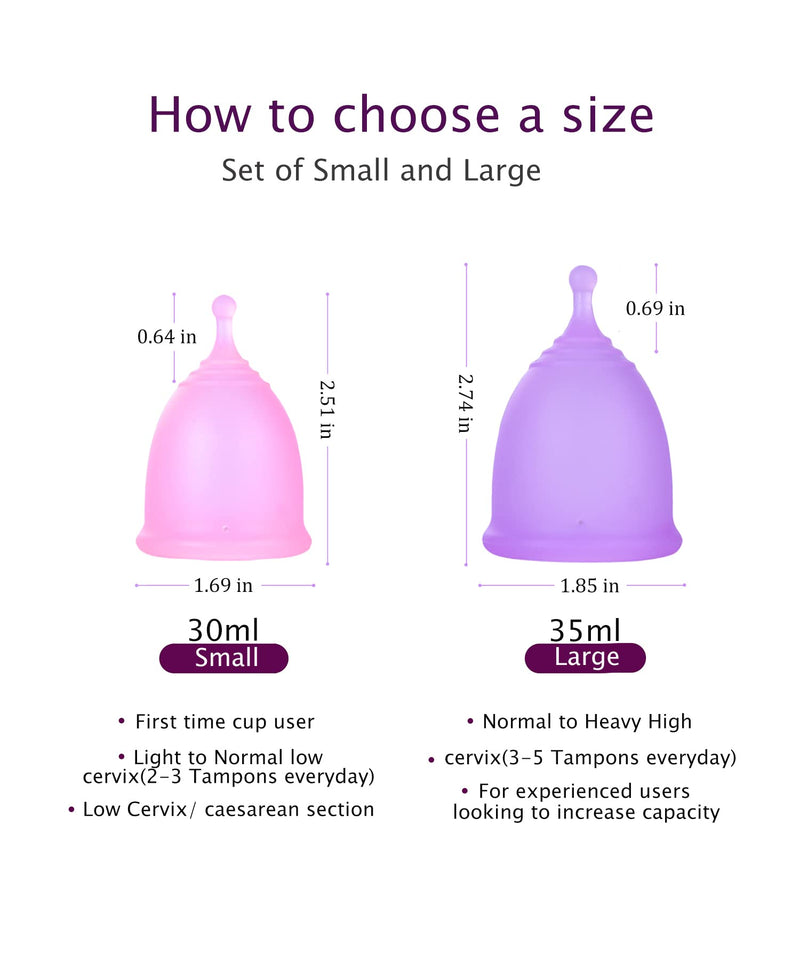 Menstrual Cups with Collapsible Storage Cup, Leak-Proof Design with Medical Grade Silicone Period Cups Reusable, Tampon and Pad Alternative,for Light Flow and Heavy Flow Large+Small Large+ Small Purple+pink