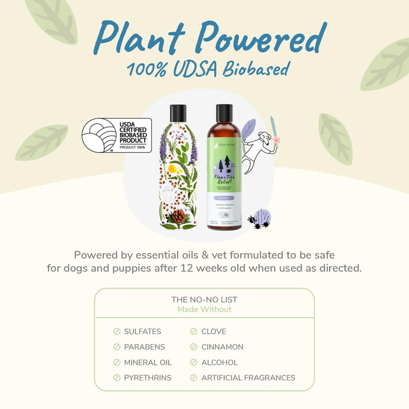 kin+kind Flea and Tick Shampoo for Dogs Vet Formulated - Plant Powered, Safe and Effective Dog Shampoo with Coconut and Olive Oil - Lavender Scent - Prevent Fleas and Ticks - Made in USA 12 fl oz - PawsPlanet Australia